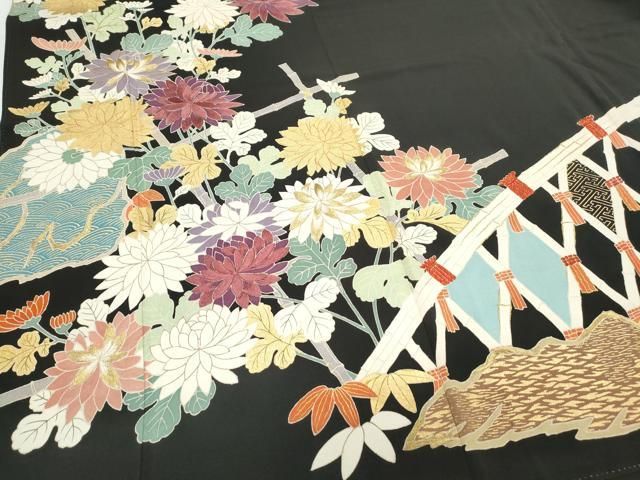 平和屋着物●創業130年　江戸染繍友禅　大彦　野口真造　大彦二代目　江戸染繍友禅　黒留袖　刺繍　草花文　金彩　正絹　逸品　CAAY9495th 平和屋着物○創業130年 江戸染繍友禅 大彦 野口真造