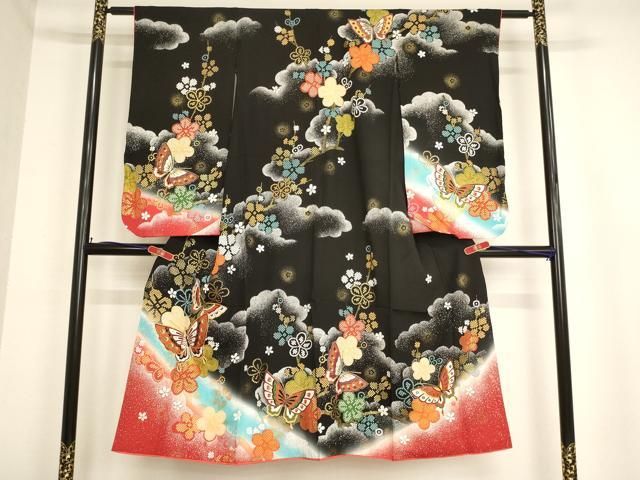 人気SALE，爆買い 平和屋着物∵女の子　十三参り　子供　祝着　舞蝶枝梅文　暈し染め　黒地　金彩　逸品　AABB5658ja 着物・着物ドレス