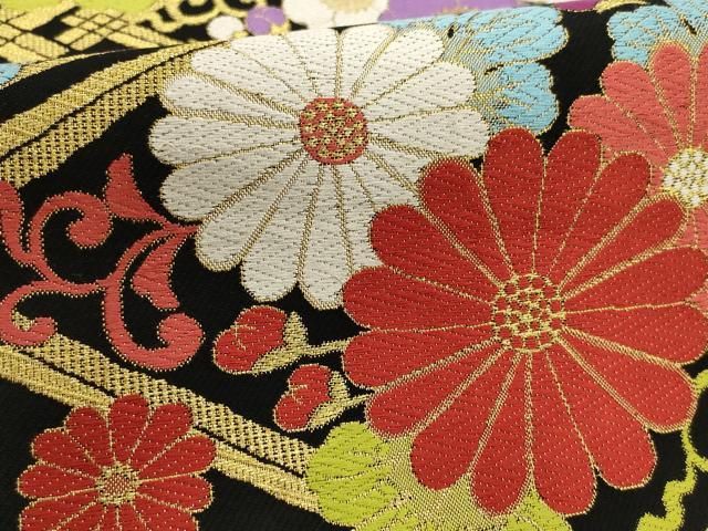 平和屋着物▽六通柄袋帯 花菱文 黒地 金糸 正絹 逸品 AABC6608wj