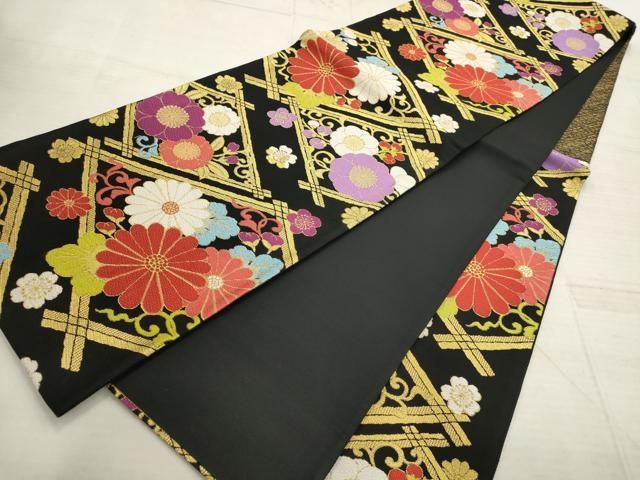 正絹 袋帯 六通柄 縦 菱柄 花柄 四季の花 黒 墨黒 美品 逸品 正絹 袋帯 六通柄 縦 菱柄 花柄 四季の花 黒 墨黒