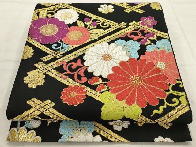 平和屋着物▽六通柄袋帯 花菱文 黒地 金糸 正絹 逸品 AABC6608wj