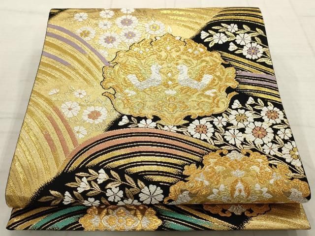 ナ3【1】◆美品◆正絹◆紅型・花鳥柄振袖 ＆六通袋帯＆帯締めセット◆レトロ 平和屋着物▽六通柄袋帯 唐織 花鳥文 金銀糸 正絹 逸品 AABC6634wj