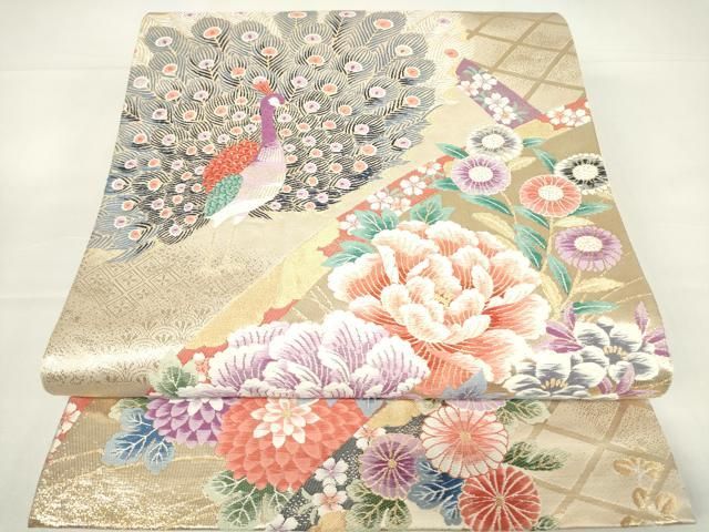 平和屋着物▽六通柄袋帯 唐織 青海孔雀草花文 金糸 正絹 逸品