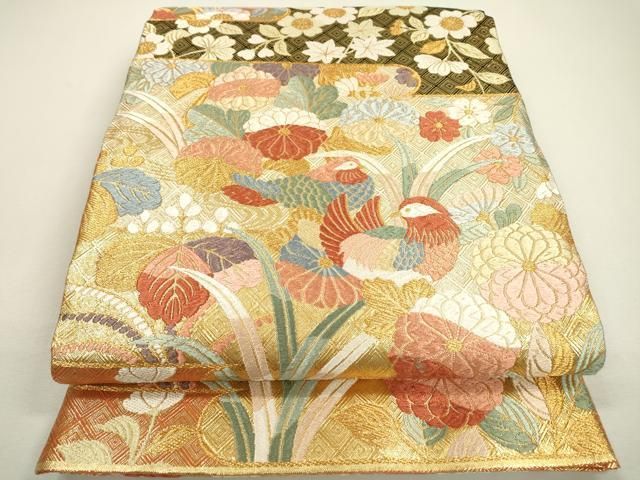 平和屋着物▽西陣 佐賀錦 六通柄袋帯 唐織 鴛鴦花文 金糸 証紙付き