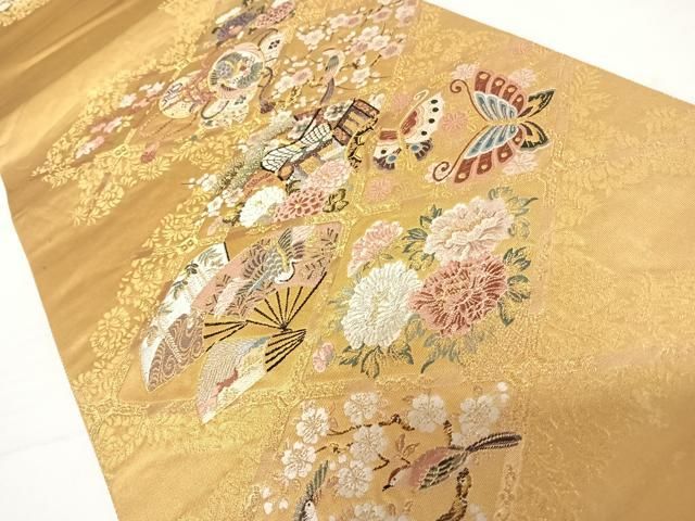 平和屋着物◎六通柄袋帯 唐織 舞蝶花鳥文 金糸 鈴乃屋扱い 正絹 逸品