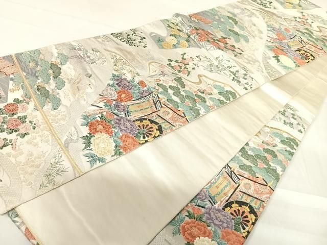 平和屋着物◎六通柄袋帯 唐織 飛鶴風景花文 金糸 正絹 逸品 AABC4662yx