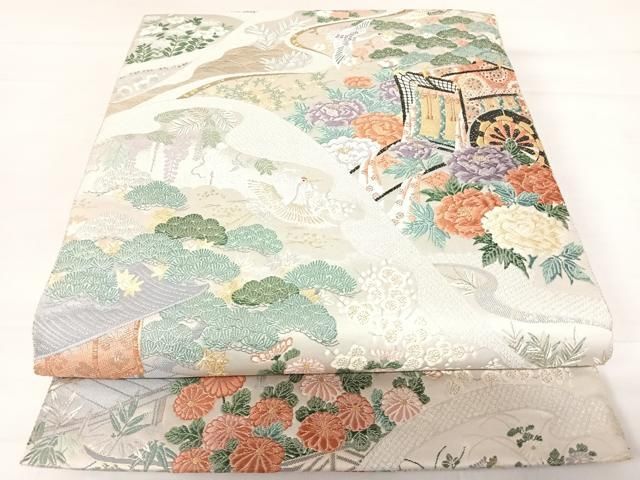 平和屋着物◎六通柄袋帯 唐織 飛鶴風景花文 金糸 正絹 逸品 AABC4662yx