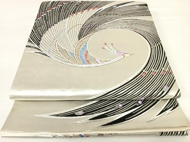 平和屋着物◎六通柄袋帯 孔雀文 黒地 銀糸 正絹 逸品 AABC4673yx