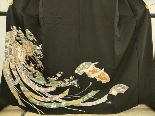 平和屋着物□豪華黒留袖 駒刺繍 松竹梅鏡裏飛鶴花文