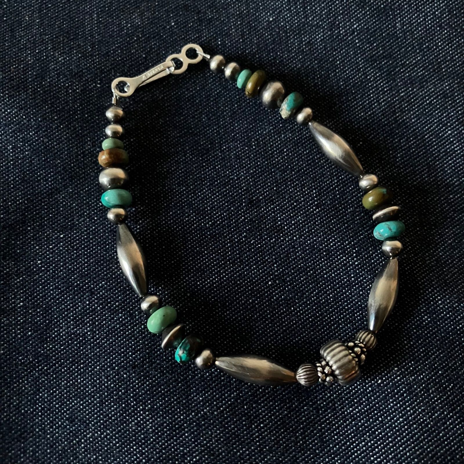 silver925ナバホパール×天然ターコイズのブレスレット 19.3cm メンズ v