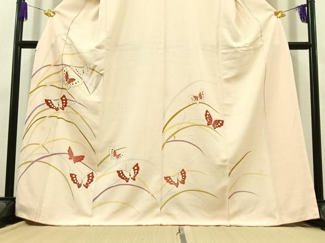 平和屋着物▽訪問着 単衣 刺繍 花蝶文 黒地 正絹 逸品 AABD0032fy