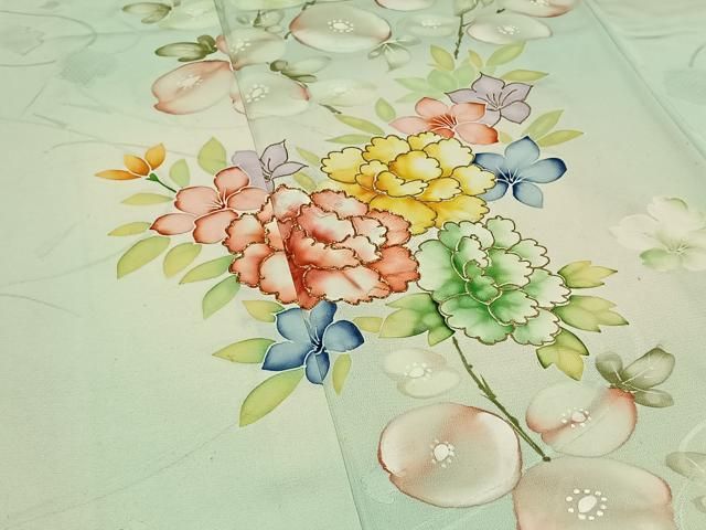 平和屋着物●訪問着　流水鴛鴦草花文　暈し染め　反端付き　正絹　逸品　DAAY5830ud 平和屋着物○訪問着 流水鴛鴦草花文 暈し染め 反端付き