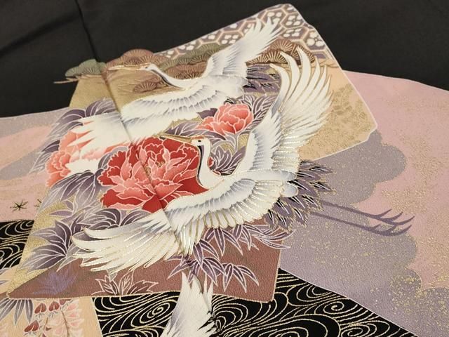 平和屋着物□豪華黒留袖 駒刺繍 流水飛鶴色紙花文 金彩 正絹 逸品