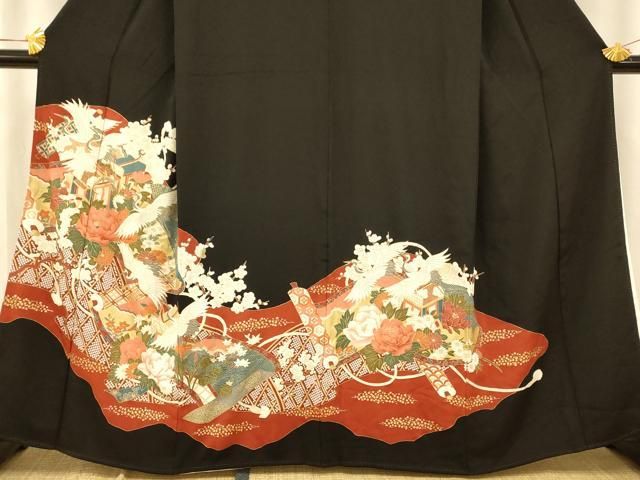 平和屋着物□豪華黒留袖 御所車飛鶴絵巻文 金彩 正絹 逸品 AABC7215fw