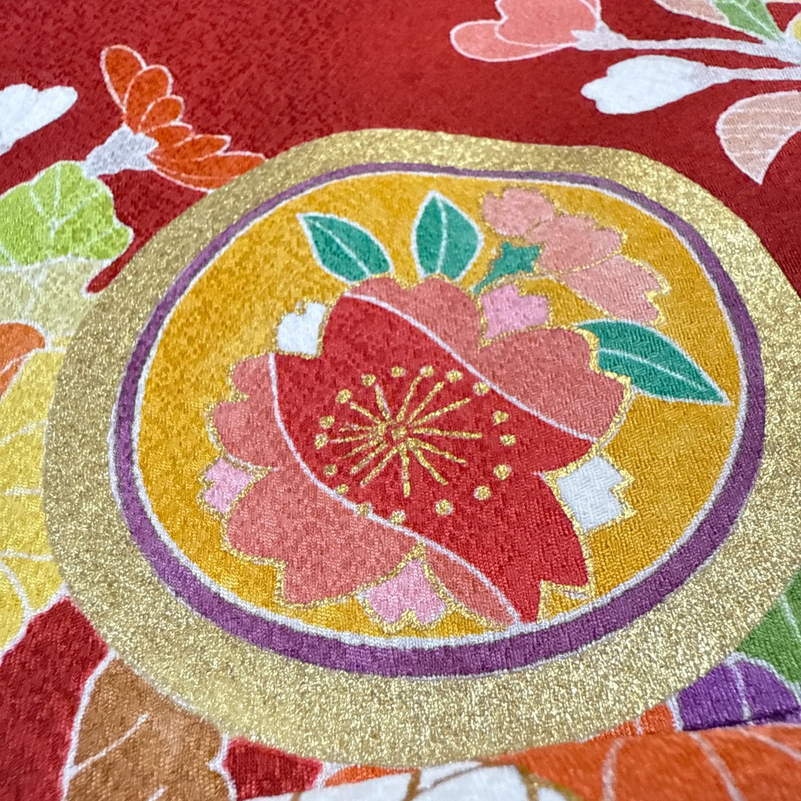 409aj93〇振袖＆袋帯 金駒刺繍 橘 扇 成人式 結婚式 十三参り〇美品 赤白の古典振袖 金駒刺繍付き｜振袖ネットレンタルはおりえん