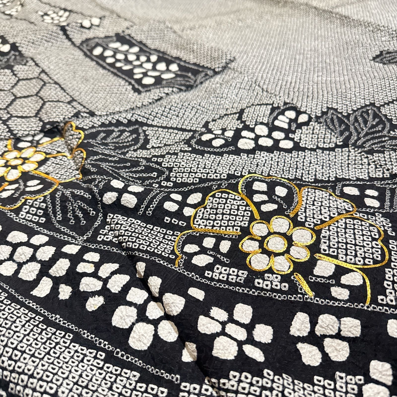 総絞り 振袖 成人式 フルセット 正絹 黒地 金駒刺繍 トールサイズ 