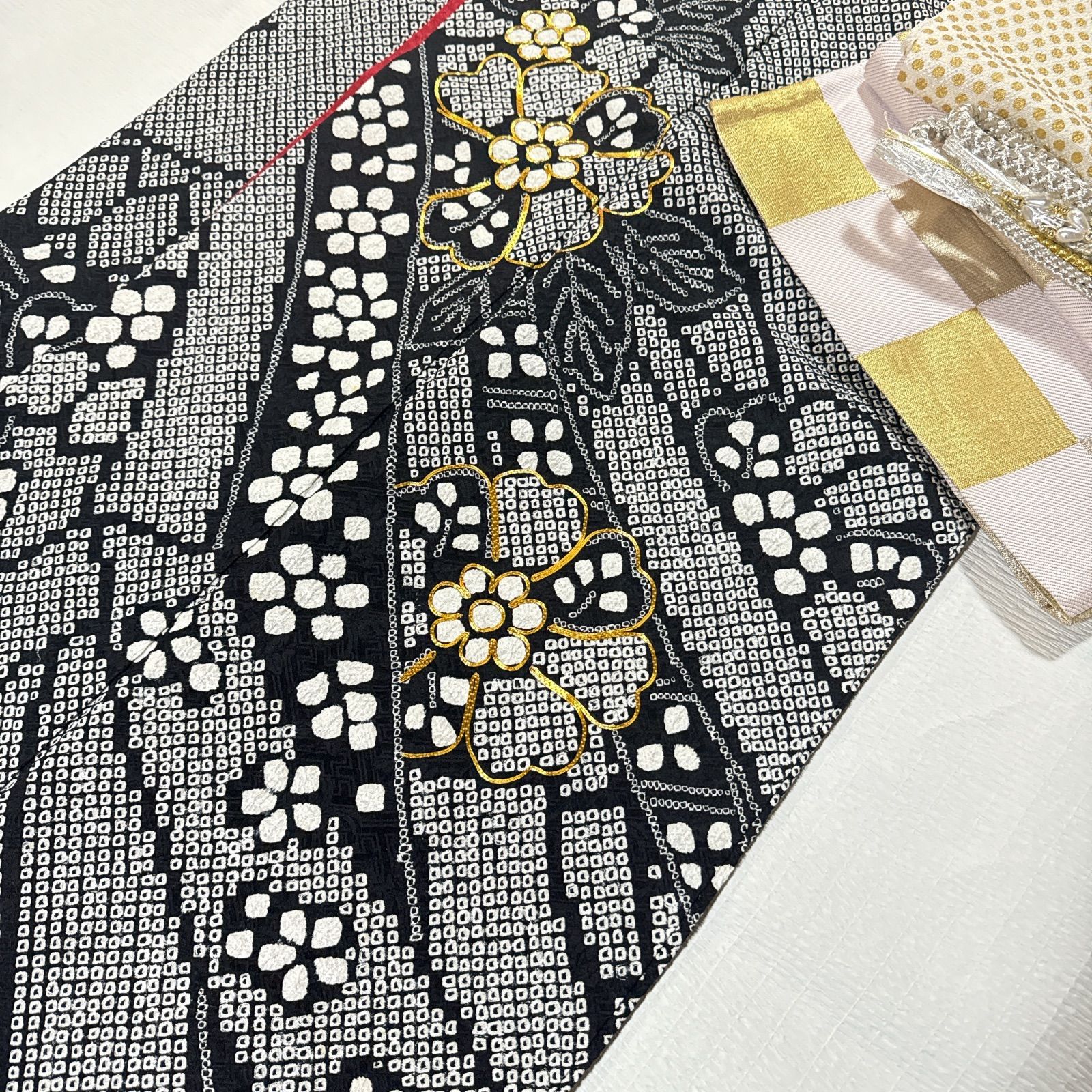 総絞り 振袖 成人式 フルセット 正絹 黒地 金駒刺繍 トールサイズ 