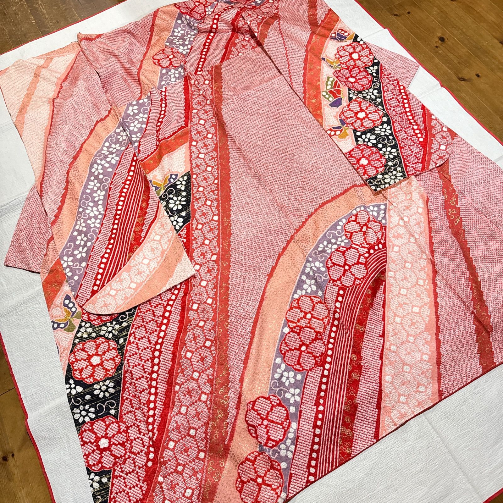 平和屋着物○豪華振袖 型染め 流水花鳥文 鬼しぼ縮緬 正絹 逸品