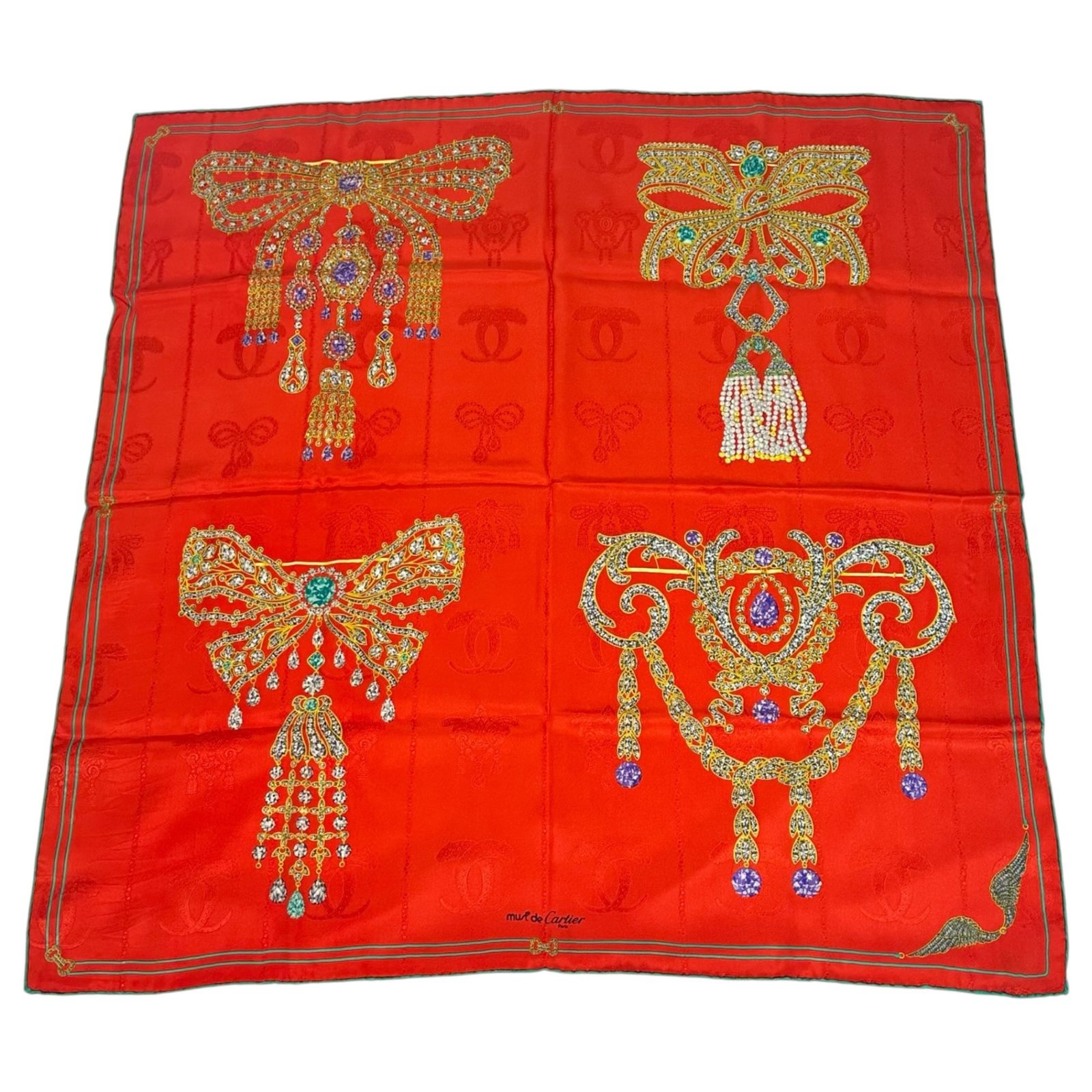 新品同様 Cartier スカーフ ジュエリー 宝石柄 シルク100％ 赤 レッド