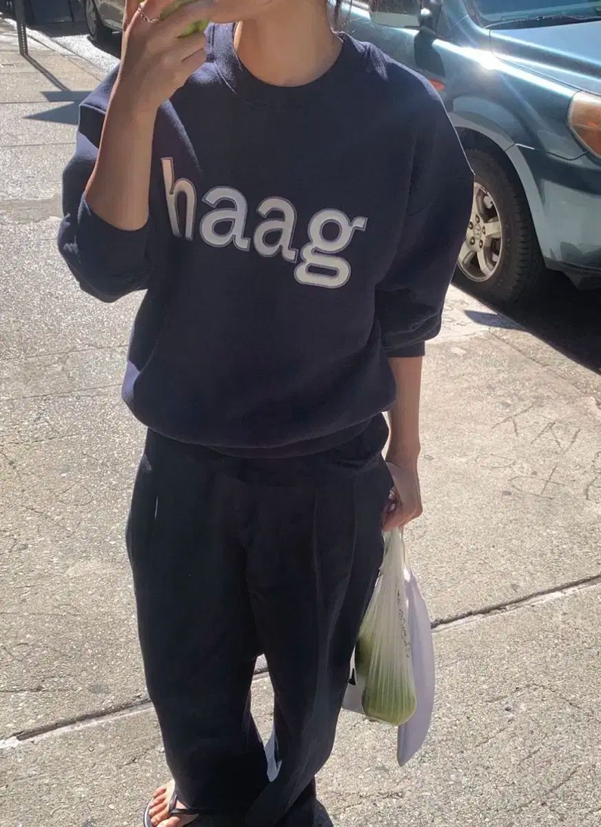 haag 韓国 ロゴ スウェット　ネイビー HAAG ハーグ ネイビー スウェット Tシャツ - メルカリ