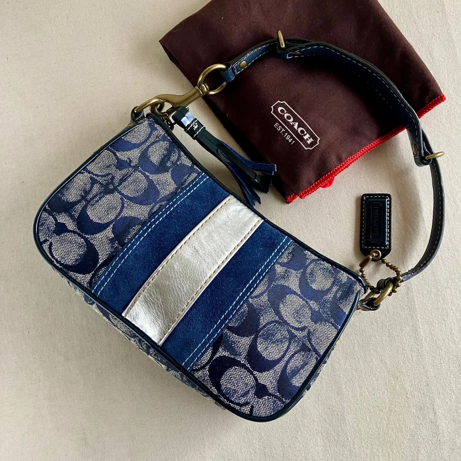 Coach Vintage y2k Blue Denim Suede Mini Demi Baguette Shoulder Bag 