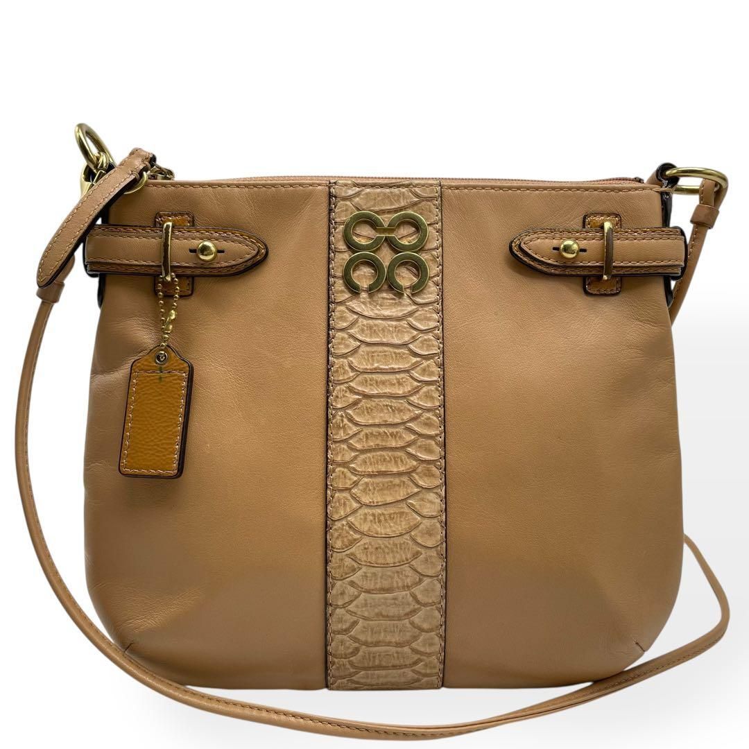美品 レア COACH コーチ ショルダーバッグ レザー パイソン調 ベージュ
