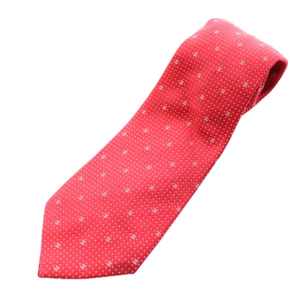 【美品】CHANEL シャネル　ネクタイ　赤　ココマーク　チェーン　ゴールド シャネル CHANEL ネクタイ レギュラータイ ココマーク ロゴ ドット柄