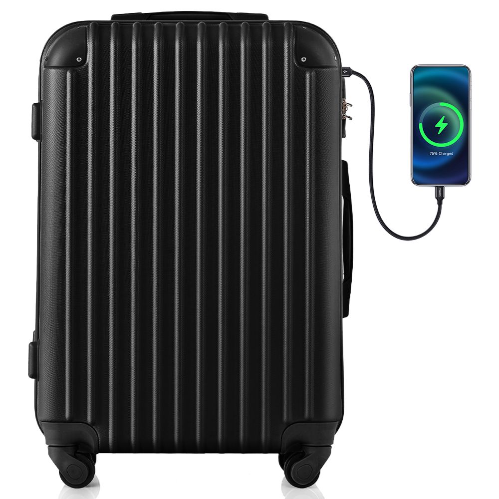 Lサイズ ブラック スーツケース USB充電ポート付きカップホルダー付き