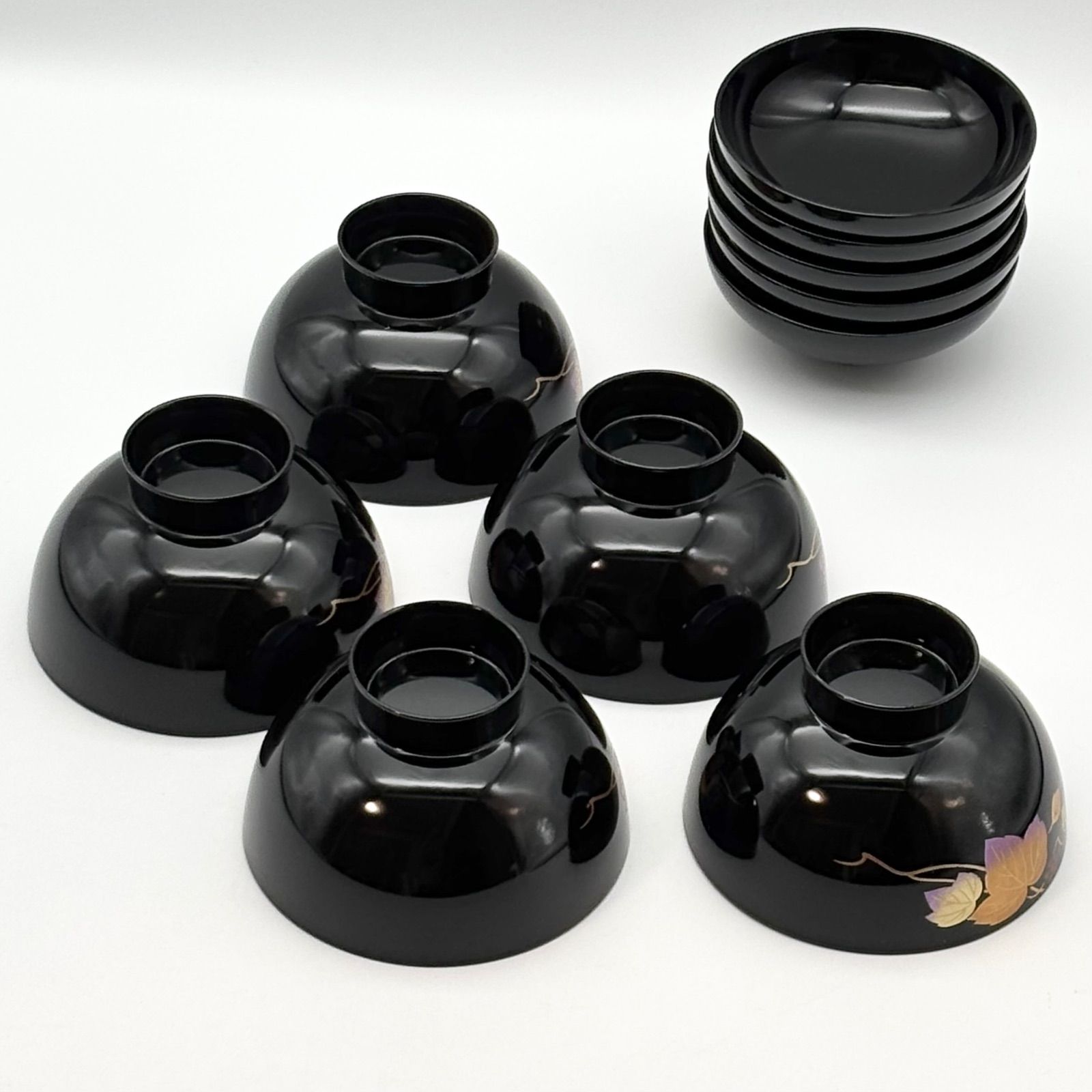 黒塗】葡萄蔦絵 吸物椀揃 / 蓋付椀 5客セット☆ 黒塗りにぶどう蔦絵が