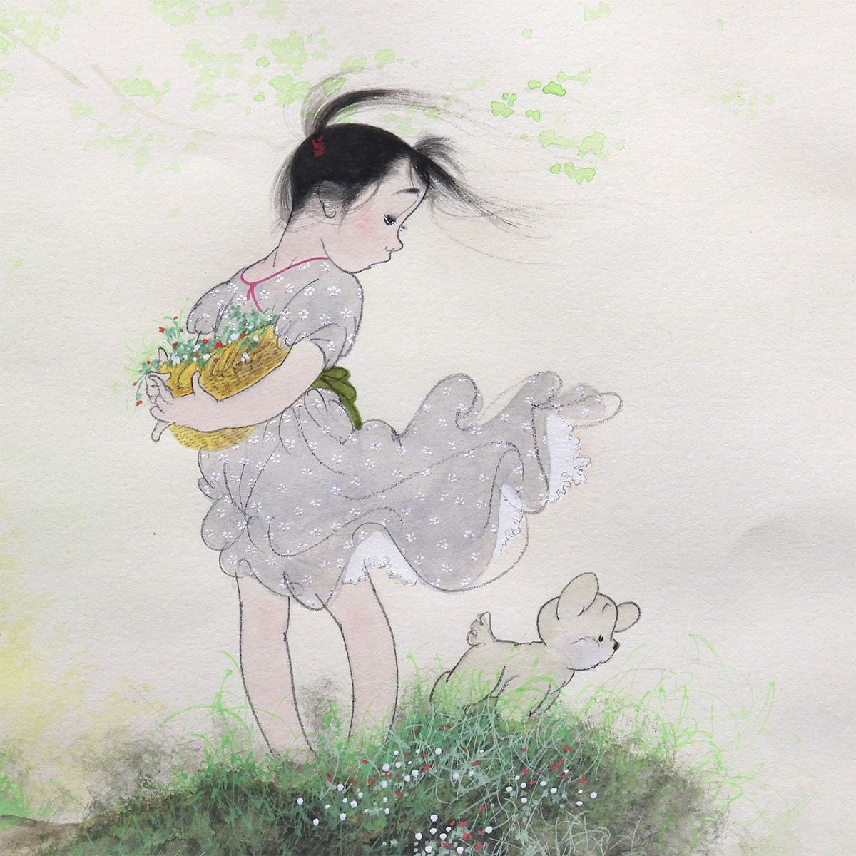 中島潔 風の詩 紙に水彩8号 人物画 少女 直筆サイン画題 人気シリーズ