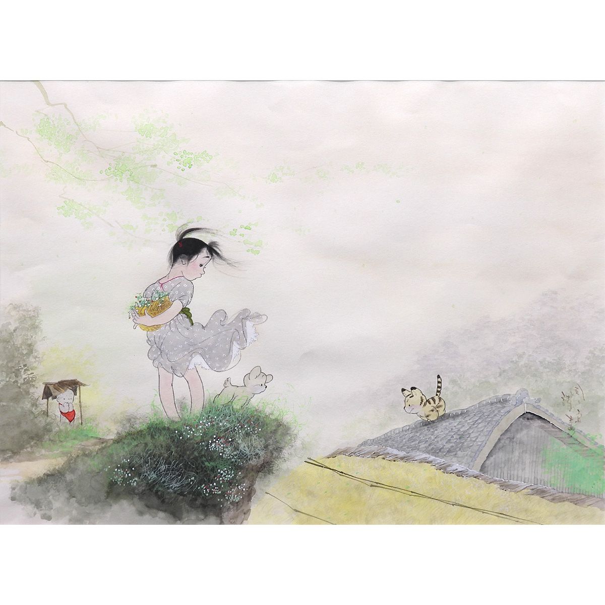 中島潔 風の詩 紙に水彩8号 人物画 少女 直筆サイン画題 人気シリーズ