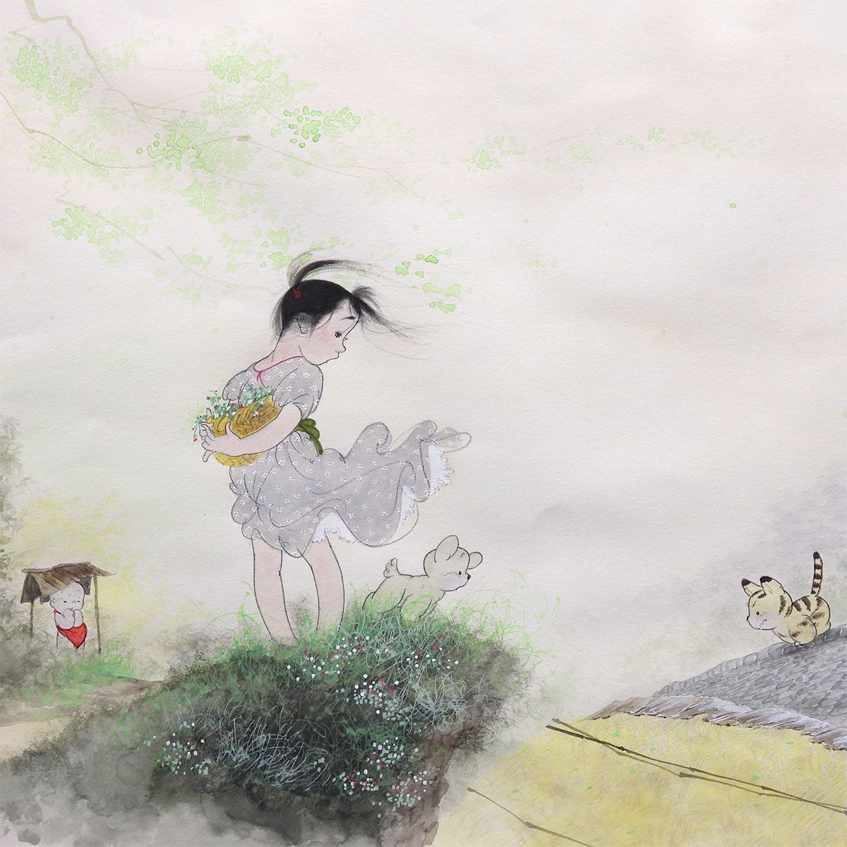 中島潔 風の詩 紙に水彩8号 人物画 少女 直筆サイン画題 人気シリーズ