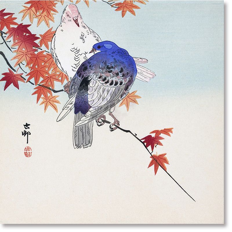 ○頭上のプラットフォーム　　絵画原画+doll鳩 A4短辺正方形 小原古邨 ポスター 紅葉に双鳩 浮世絵 日本画 和風