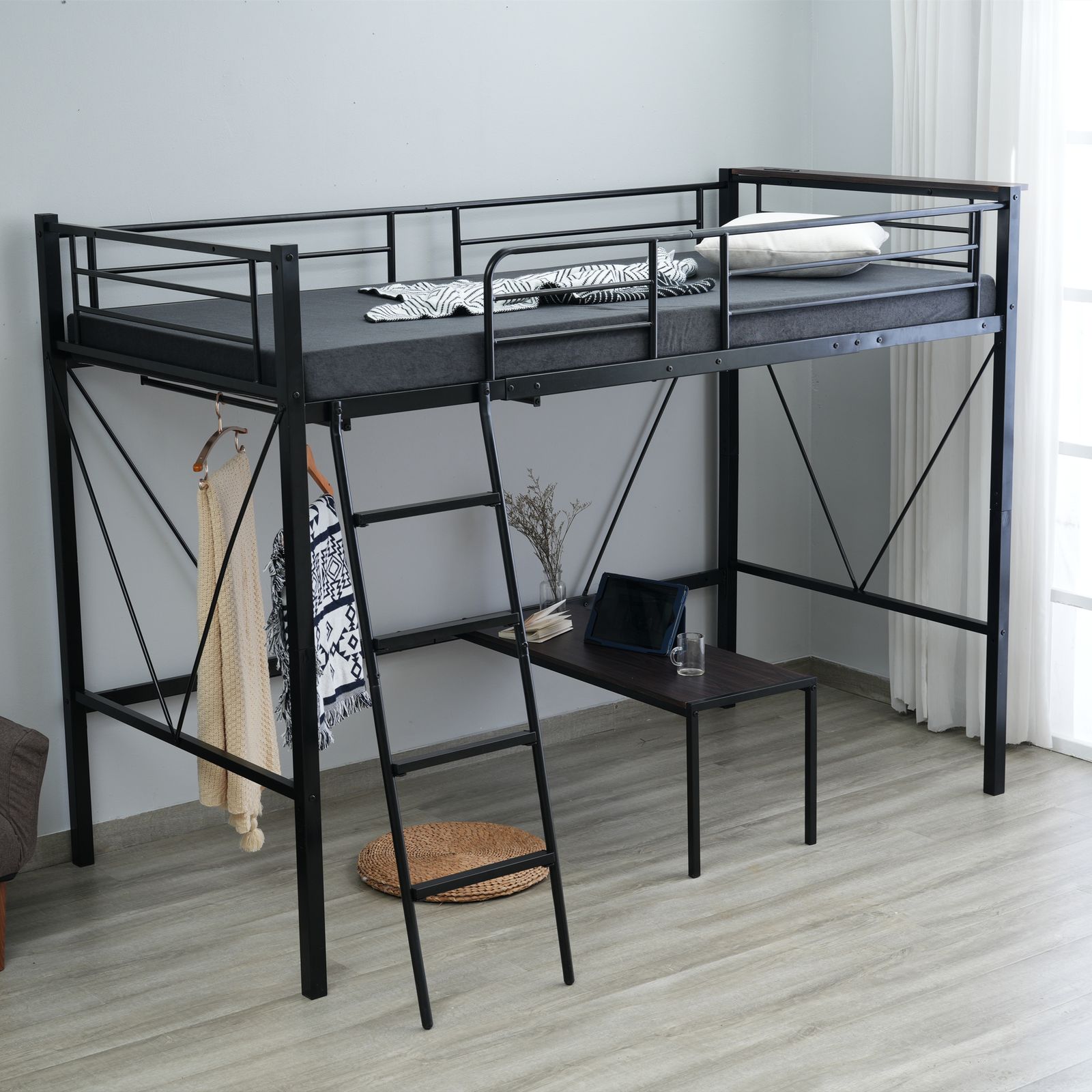 【厚さ10cmマットレス付】ロフトベッド シングル コンセント付 ローデスク付 ロフトベッド 【厚さ10cmマットレス付き】ロフトベッド シングル