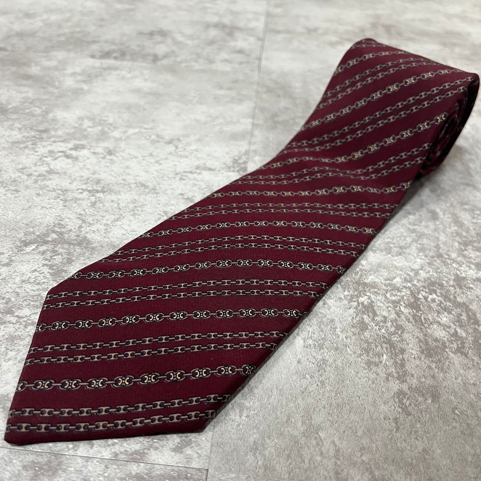 CELINE】レジメンタルストライプネクタイ ワインレッド ロゴ入り