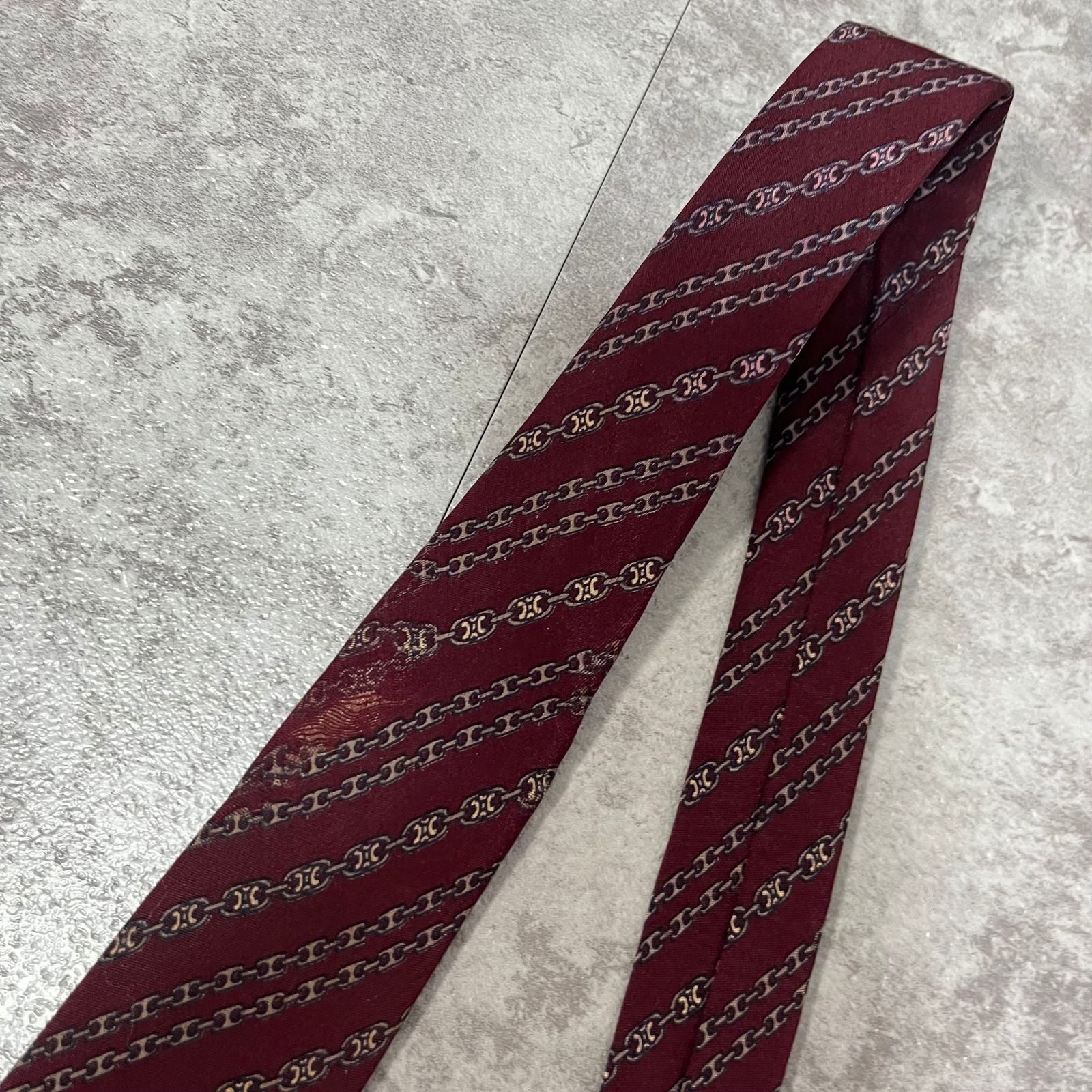 CELINE】レジメンタルストライプネクタイ ワインレッド ロゴ入り