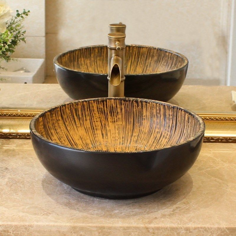 陶器台上盆単盆復古円形手洗い器洗面所洗面器芸術洗面器家庭用 - メルカリ