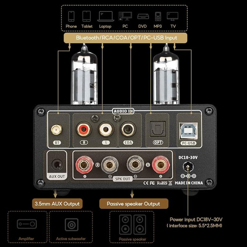 AIYIMA T9 Bluetooth 5.0 100W*2チューブアンプ 2.0チャンネル 真空管