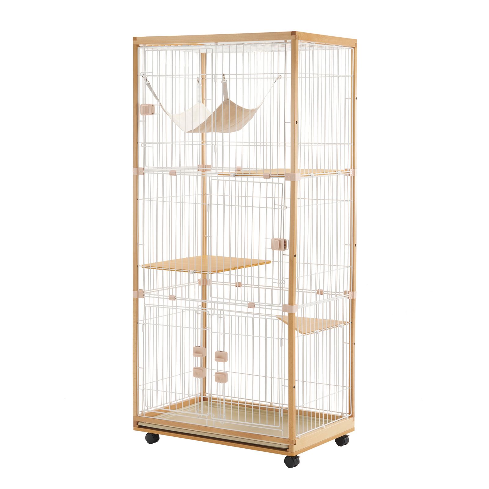 新品　猫 ケージ キャットケージ 3段 木製フレーム 広々 大型 422-220 dショッピング |猫 ケージ キャットケージ 3段 木製 おしゃれ 木目調