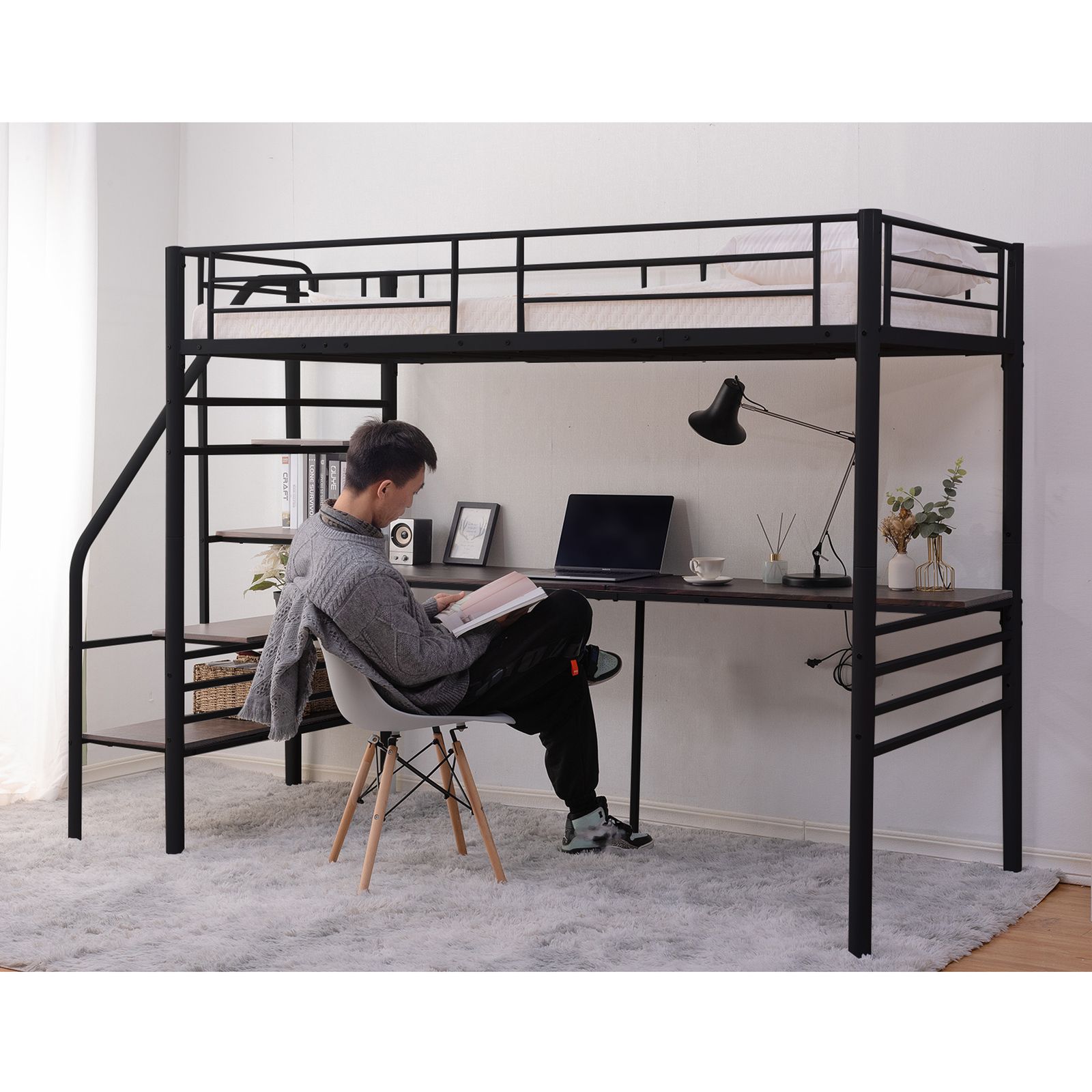 12/1再入荷予定」 set-1 ロフトベッド 階段付き パイプベッド シングル