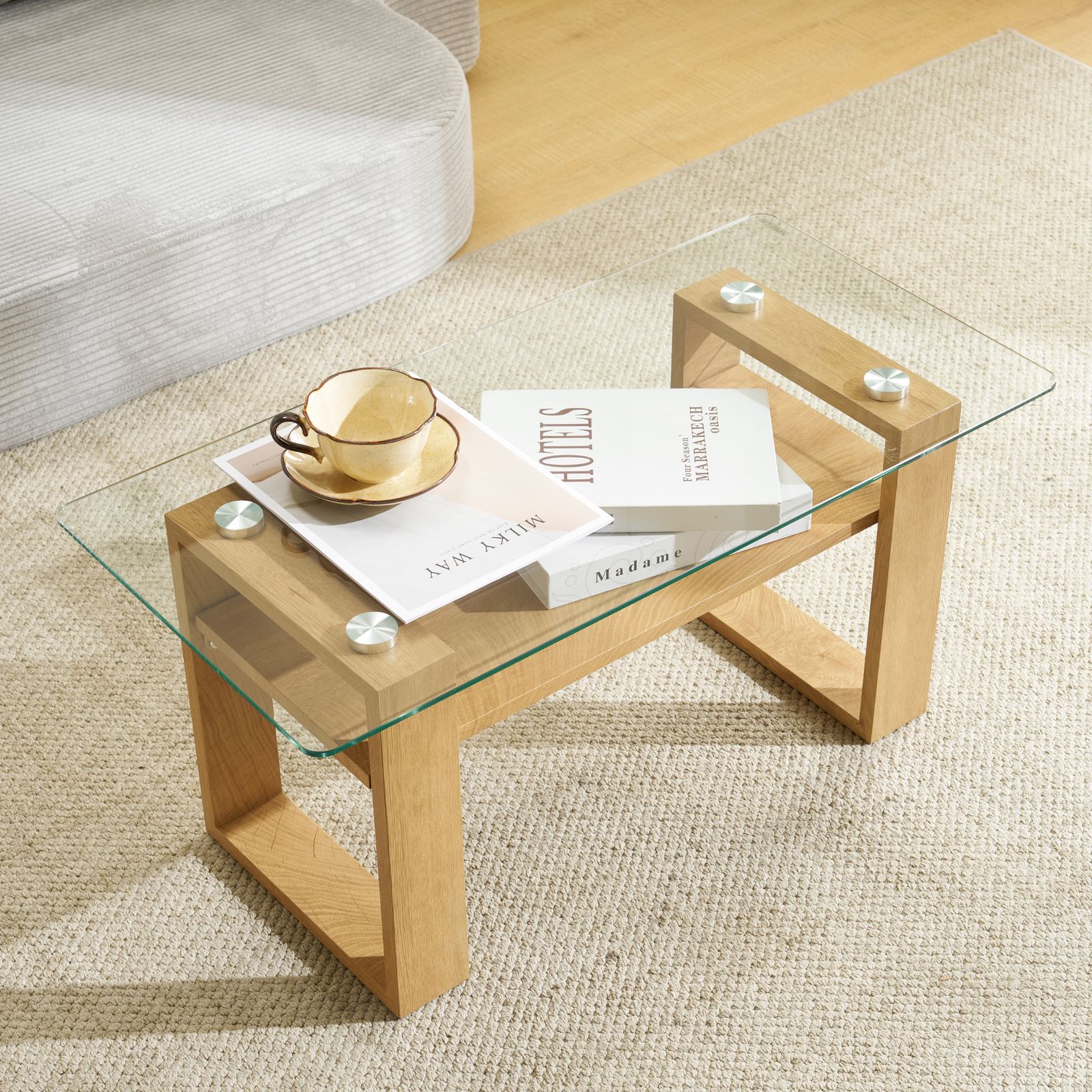 ガラステーブル ローテーブル コーヒーテーブル 収納棚 口字型のテーブル脚 ガラステーブル ローテーブル コーヒーテーブル 収納棚 口字型の