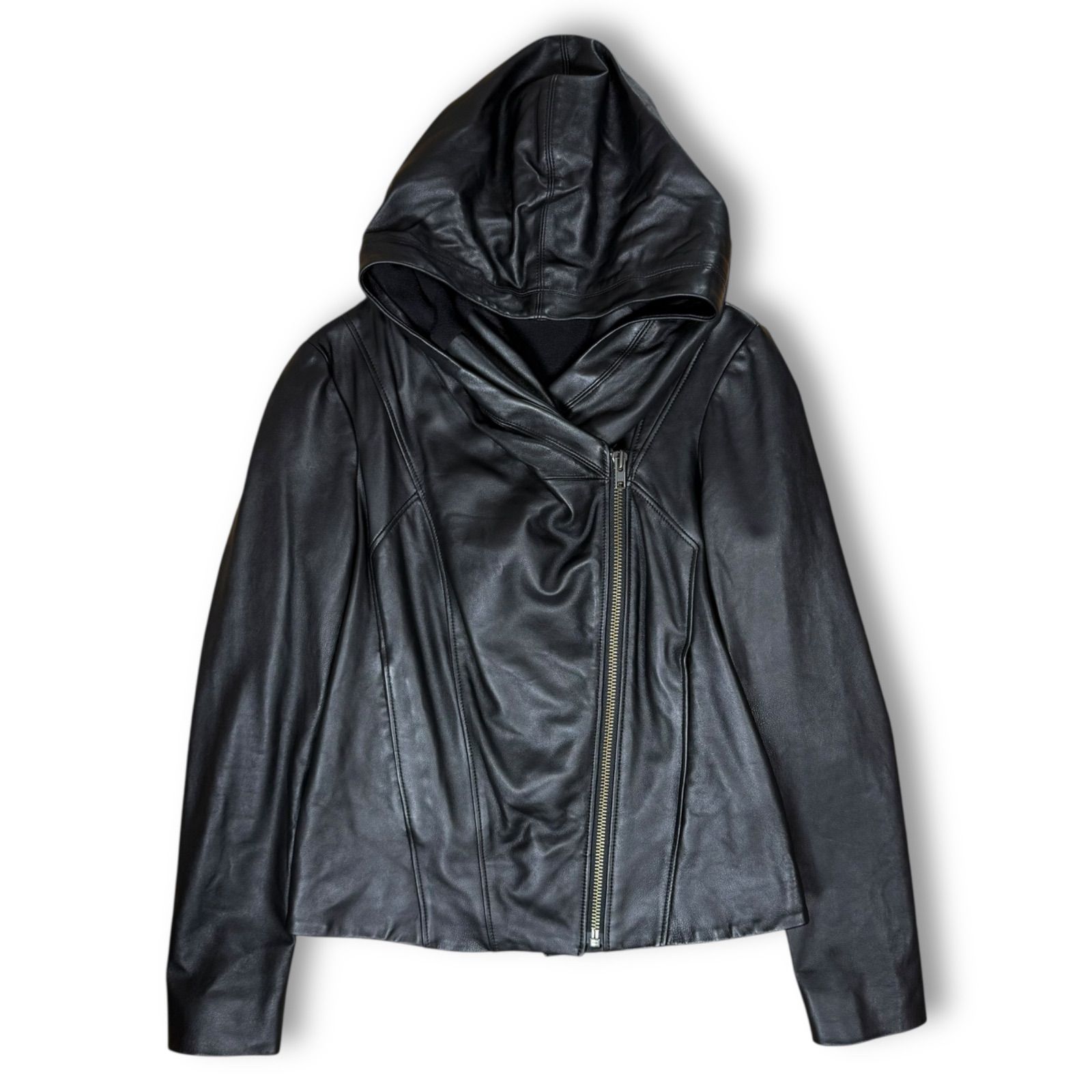HELMUT LANG フード付きレザージャケット S 黒 中古・古着通販】HELMUT LANG (ヘルムートラング) フードレザー
