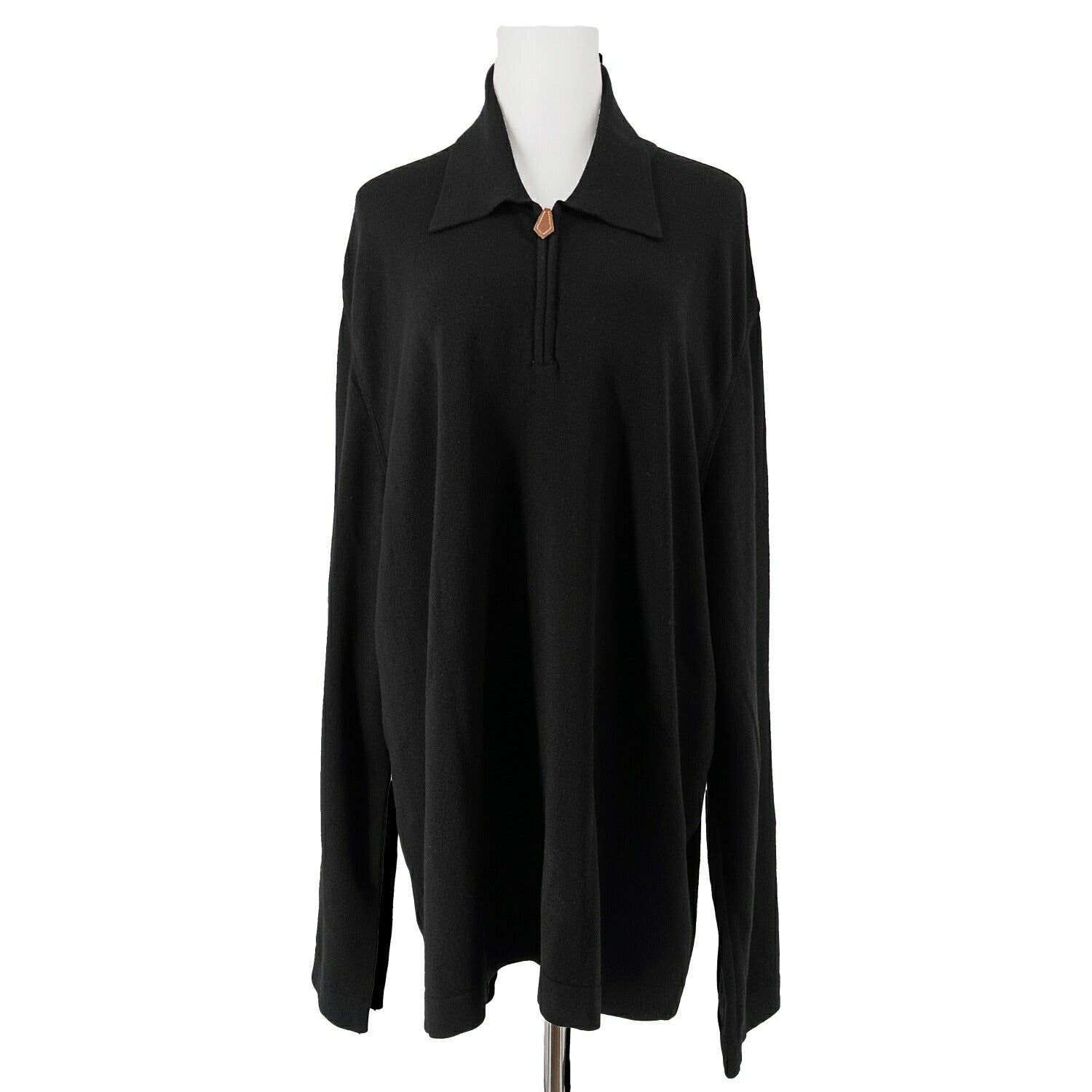 HERMES エルメス レザー引? ハーフジップニット ブラック レディース