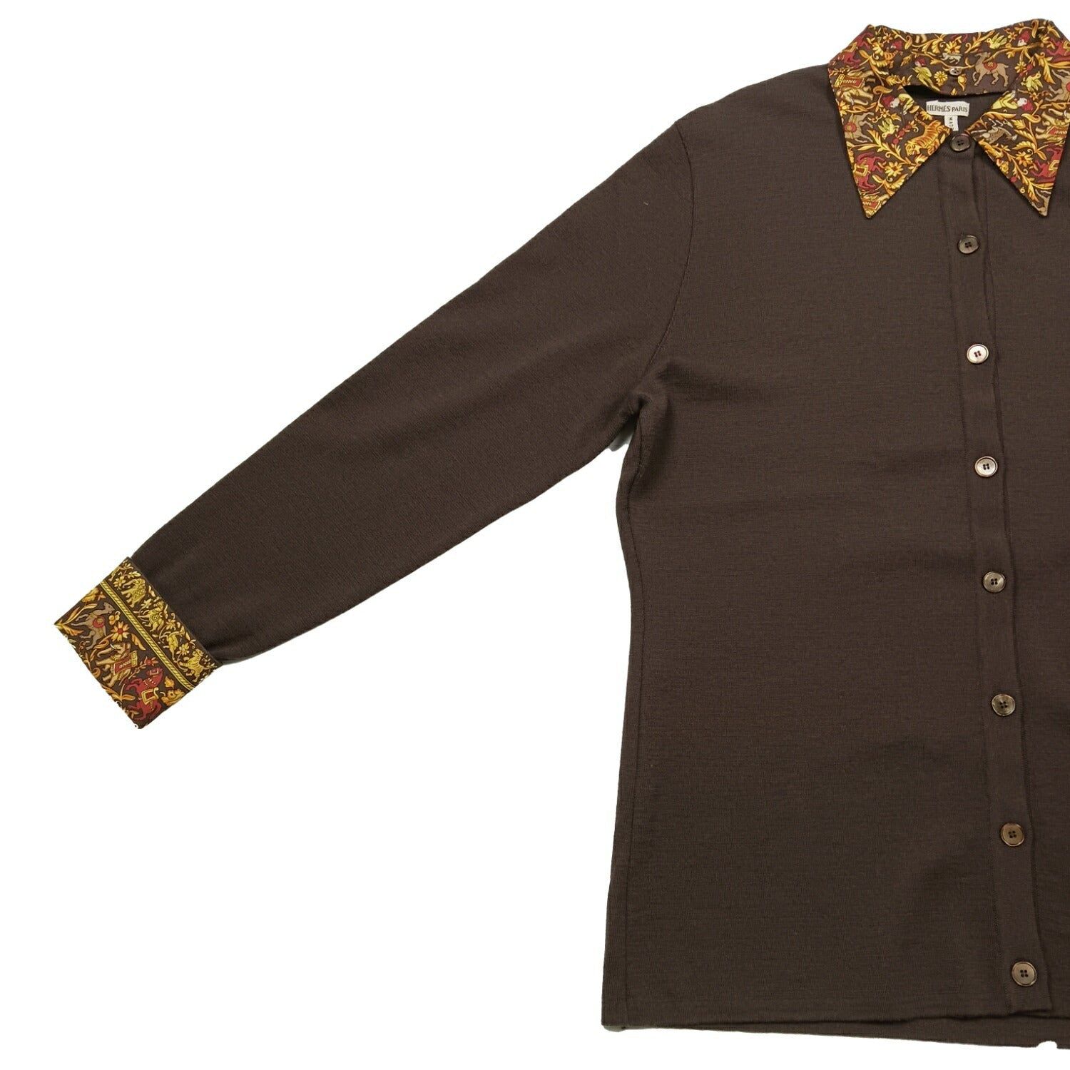 HERMES エルメス 襟付き ウールカーディガン L ブラウン イエロー