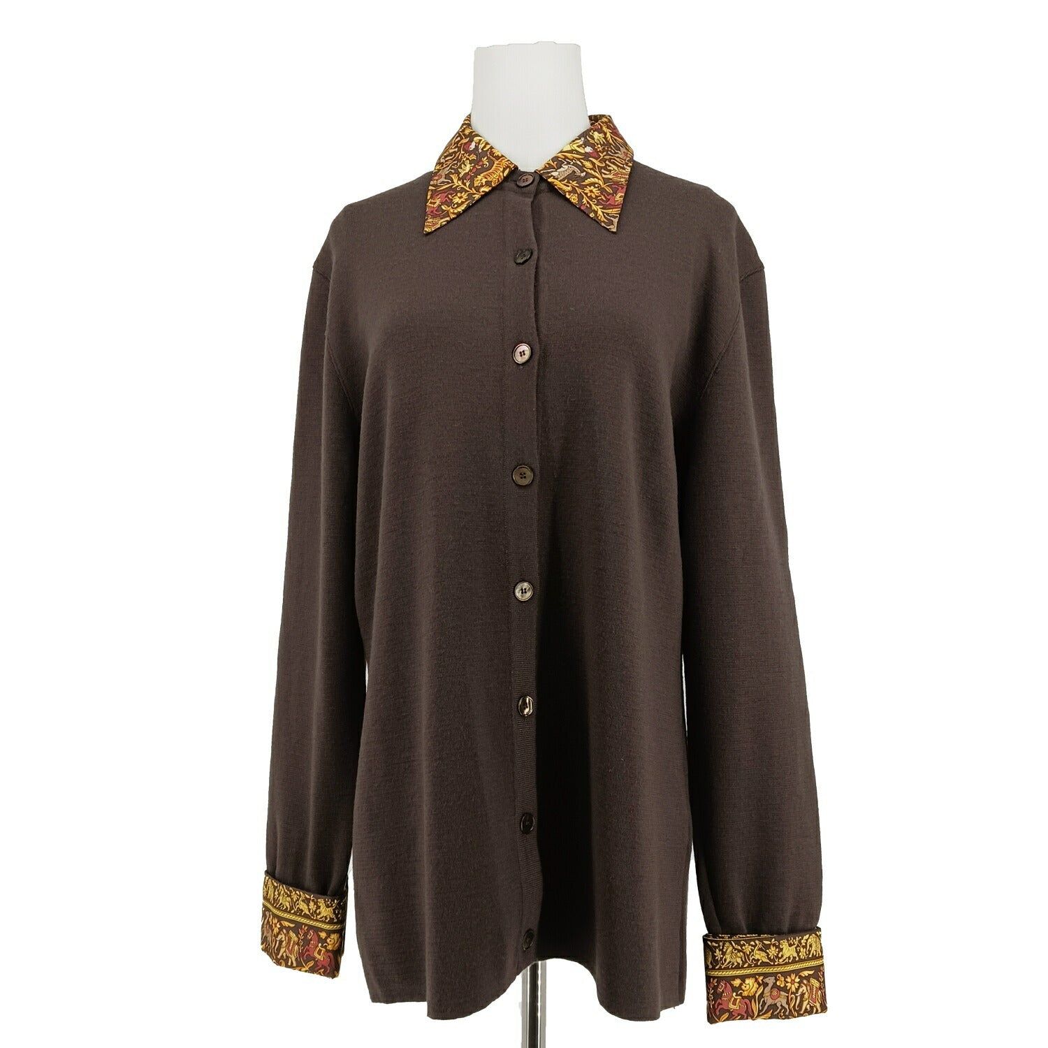 HERMES エルメス 襟付き ウールカーディガン HERMES エルメス 襟付き ウールカーディガン L ブラウン イエロー