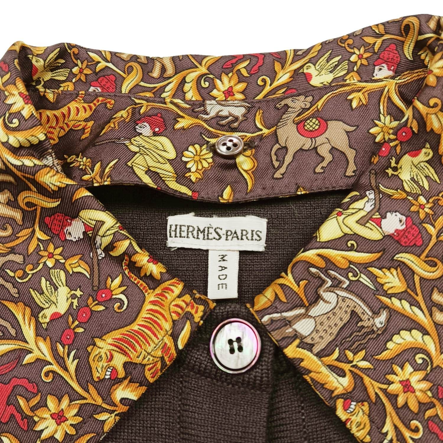 HERMES エルメス 襟付き ウールカーディガン L ブラウン イエロー