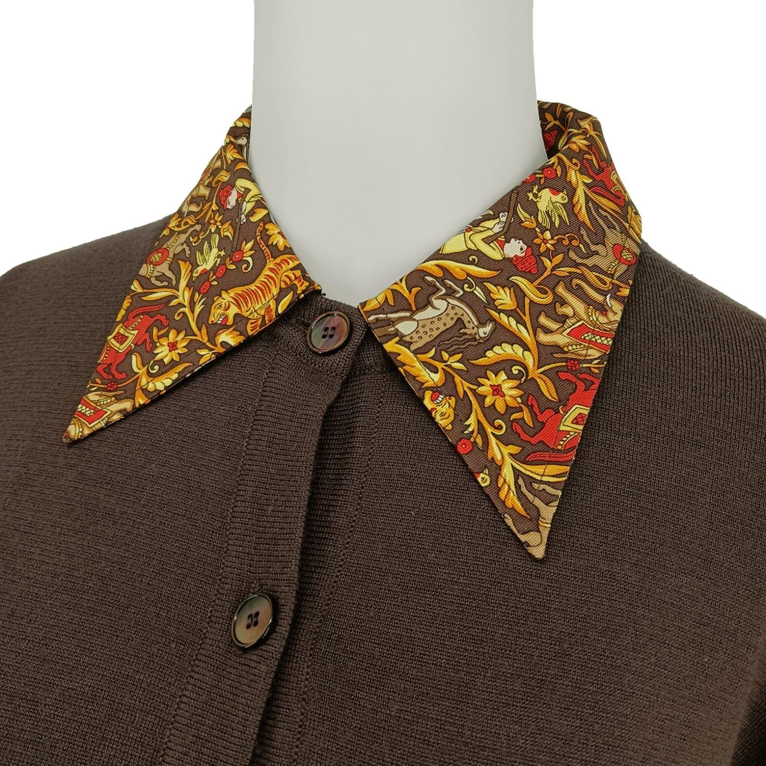 HERMES エルメス 襟付き ウールカーディガン HERMES エルメス 襟付き ウールカーディガン L ブラウン イエロー