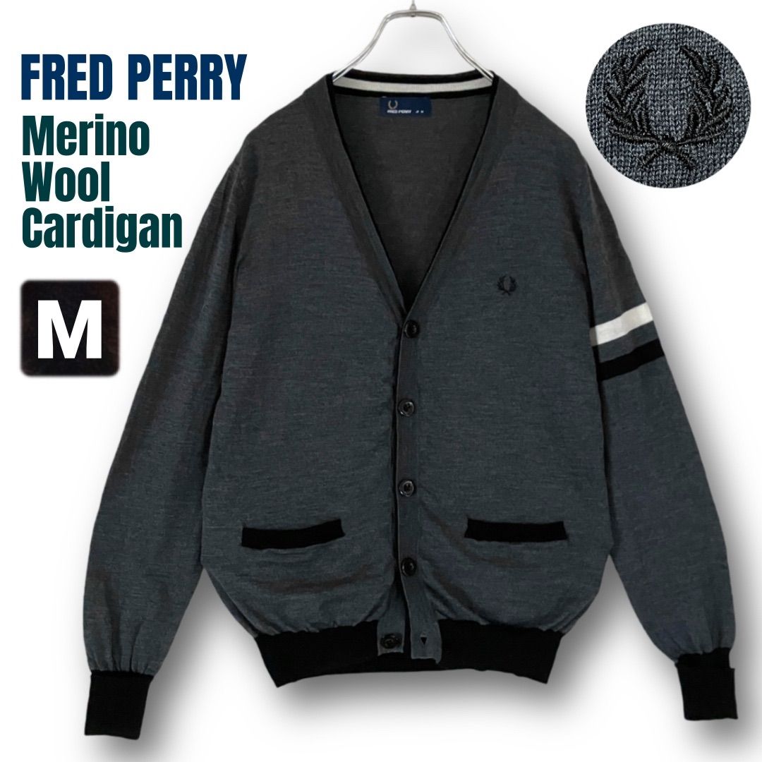 【アーガイル柄、メリノウール】FRED PERRYワンポイント刺繍カーディガンM アーガイル柄、メリノウール】FRED PERRYワンポイント刺繍カーディガン