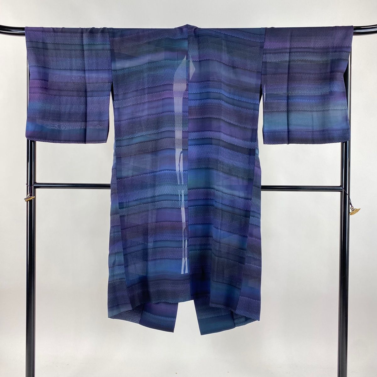 道中着 身丈115.5cm 裄丈69.5cm L 和装コート 落款 段縞 濃紫 正絹 名品 【】