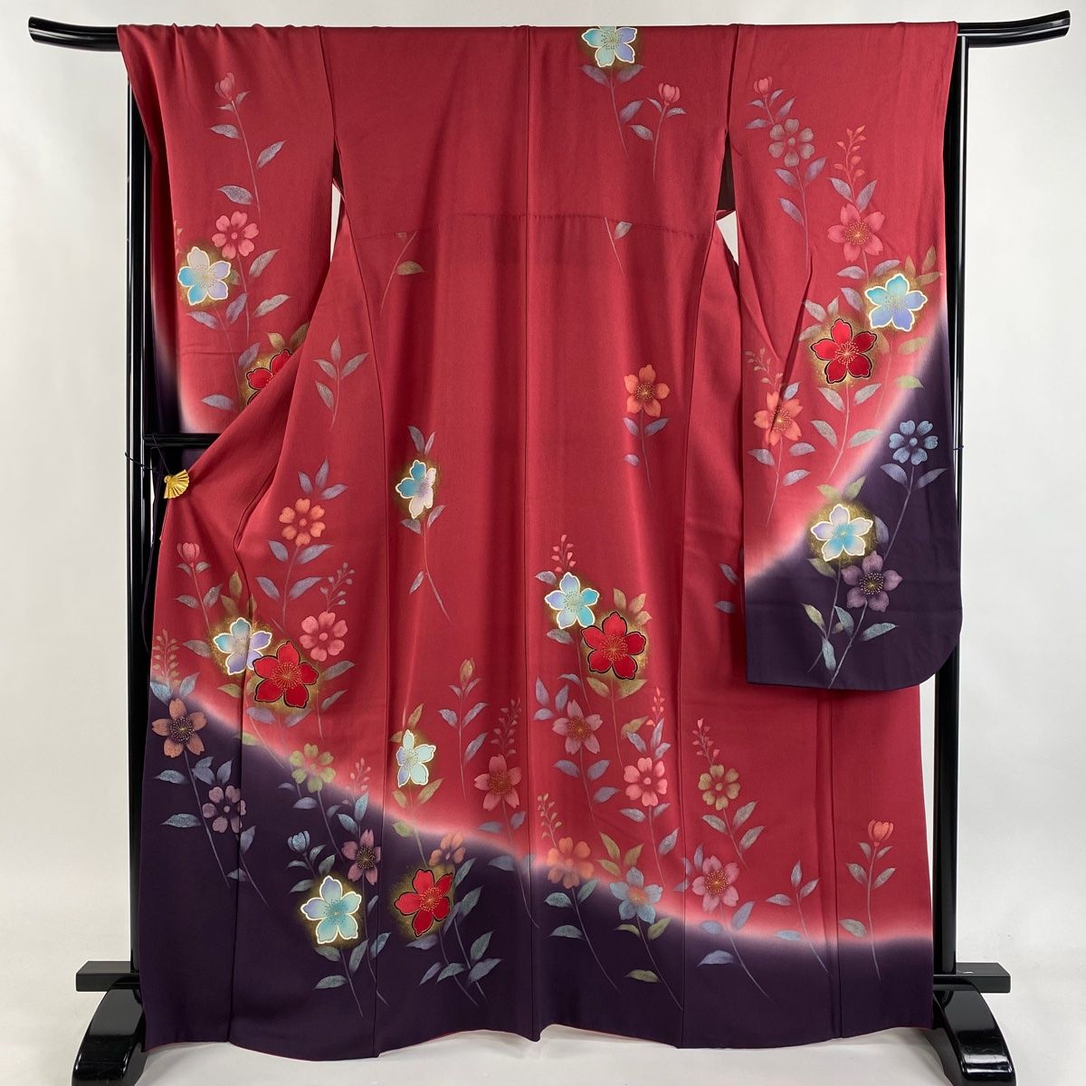 振袖 身丈168cm 裄丈67cm M 袷 草花 金彩 ぼかし えんじ色 正絹 秀品